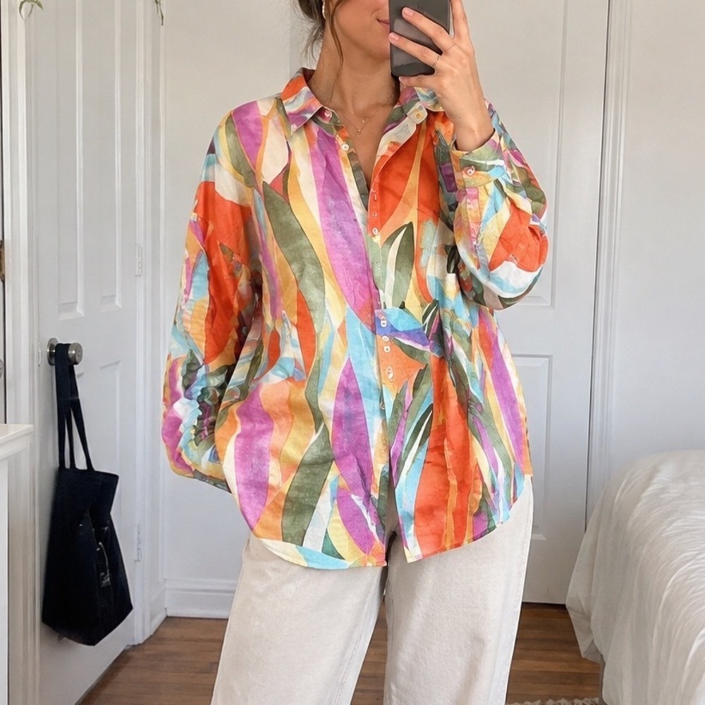 Soft surroundings cotton gauze multicolor watercolor button down‎ longsleeve